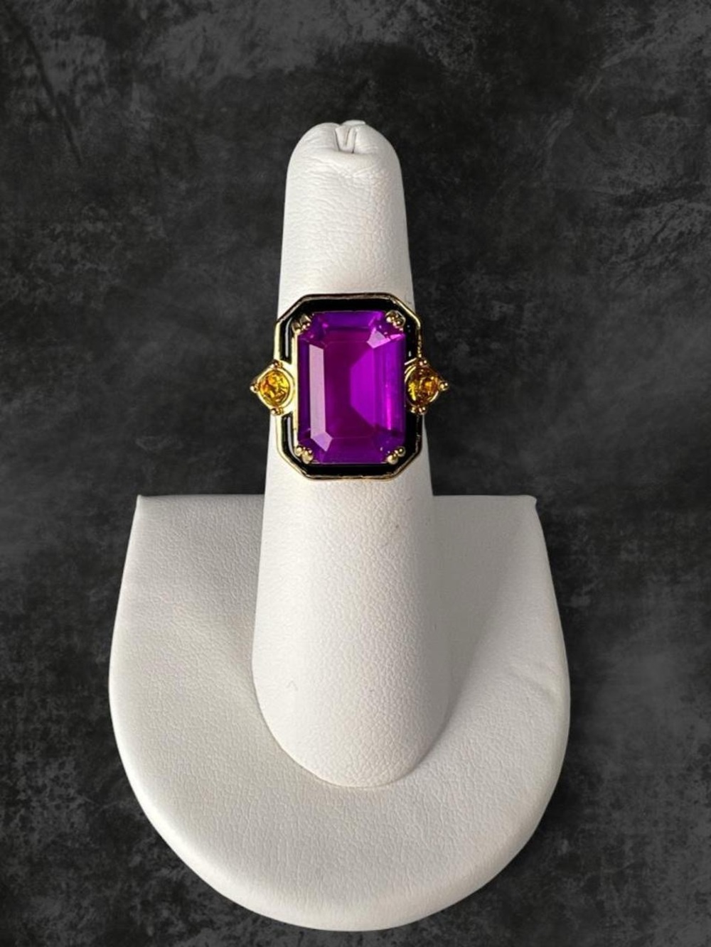 Purple Emerald Cut Statement Ring Gold Tone Black Accent Size 6